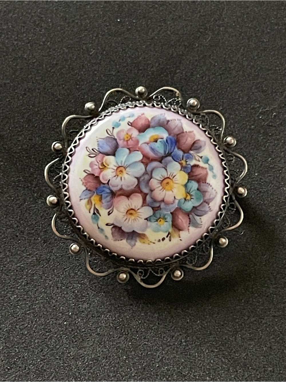 Vintage Silver Tone Filigree Round Porcelain Floral Brooch Pin
